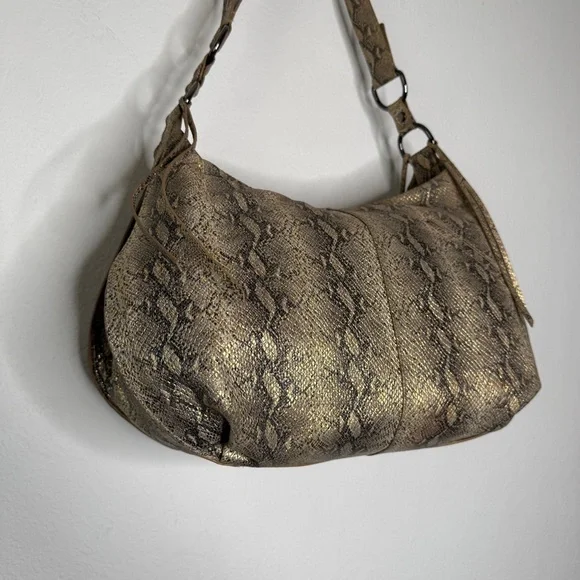 Hobo Lennox Shoulder Bag Snakeskin Print Leather Fringe Metallic Zipper - Picture 6 of 15